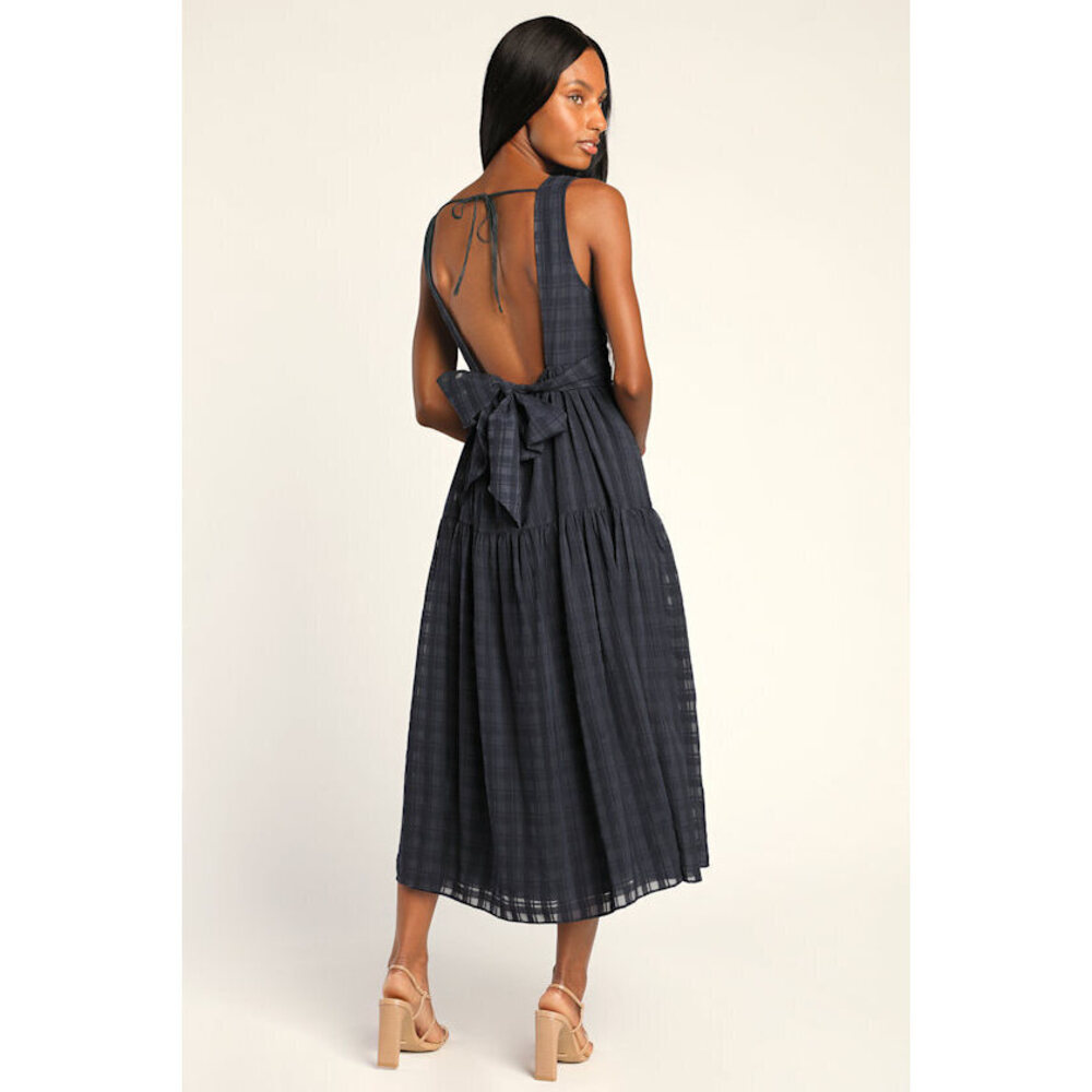 Lulus What A Trend Navy Blue Tie-back Tiered Midi Dress - Size S